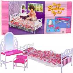 Zestaw mebli dla lalek z łóżkiem, toaletką i krzesłem z kwiecistą pościelą