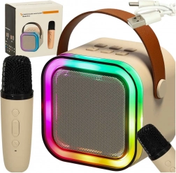 Zestaw karaoke mikrofon + przenośny głośnik BLUETOOTH USB LED beżowy