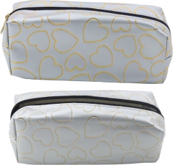 Srebrny szkolny piórnik ze złotymi sercami