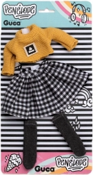 Ubranko dla lalki Penelope 34 cm – dziergany sweter, kraciasta spódnica i skarpetki