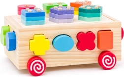 Drewniany wózek z sorterem kształtów i klockami 3 w 1
