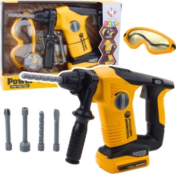 Dziecięcy młotek wiertarski z wymiennymi końcówkami i okularami ochronnymi żółte