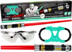 Kosmiczny zestaw: miecz świetlny z turkusowym światłem i okulary ochronne z dźwiękiem