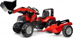 Czerwony traktor pedałowy z łyżką i przyczepą CASE dla dzieci od 3 lat