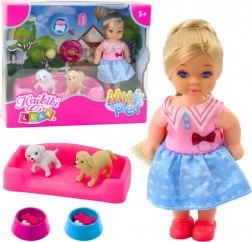 Mini lalka z dwoma pieskami i miskami