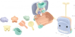 Walizeczka na kółkach z zestawem do piasku i młynkiem wodnym