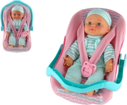 Laleczka niemowlę z miękkim ciałkiem w nosidełku z smoczkiem 30 cm