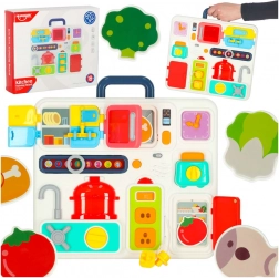 Tablica manipulacyjna Montessori z elementami kuchennymi i zegarem uczącym się