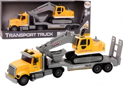 Żółta ciężarówka z koparką gąsienicową ze światłami i dźwiękami