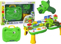 Dziecięcy zestaw DIY stolik z walizeczką DINOSAUR i wkrętarką akumulatorową, 249 elementów