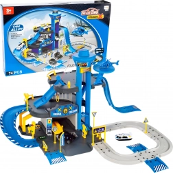 Policyjny garaż ze stacją, 3 piętra z windą, auta i helikopter, 74 elementy