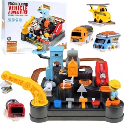 Mechaniczny tor budowlany z autkami i helikopterem