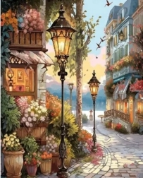 Mozaika diamentowa - Kwiatowa ulica z latarniami