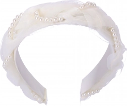Satynowa opaska do włosów – biała z perłami
