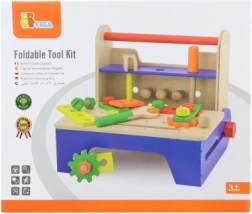 Drewniany zestaw do wkręcania z narzędziami i składanym stołem warsztatowym