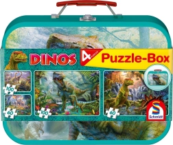 Puzzle dla dzieci Dinozaury 4w1 w metalowej walizce