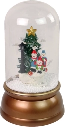 Szklana dekoracja bożonarodzeniowa ze śniegiem i bałwankami, złota