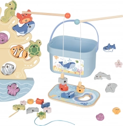 Drewniany morski zestaw 3 w 1: wieża balansująca, magnetyczne wędkowanie i nawlekanie – 23 elementy