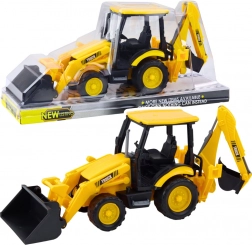 Budowlana koparka kołowa z dwiema ruchomymi łyżkami żółta