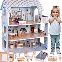 Drewniany domek dla lalek z 3 piętrami i meblami
