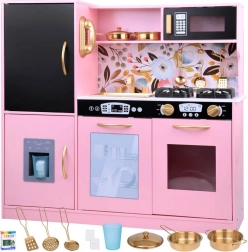 Drewniana retro kuchnia dla dzieci z lodówką i piekarnikiem