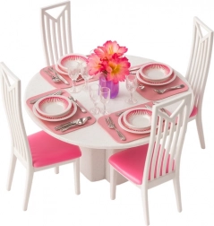 Zestaw mebli dla lalek – jadalnia ze stołem, krzesłami i naczyniami, 43 elementy