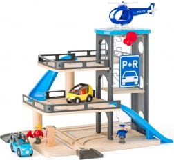 Drewniany wielopoziomowy parking z lądowiskiem dla helikoptera