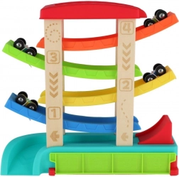 Kaskadowy tor wyścigowy dla samochodzików z 4 pojazdami, drewno i plastik, 33 × 32 × 10 cm