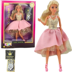 Lalka ANLILY w eleganckiej złotoróżowej sukni balowej z dodatkami