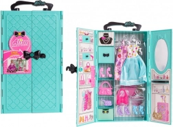 Niebieska szafa garderobiana z ubrankami i akcesoriami dla lalek