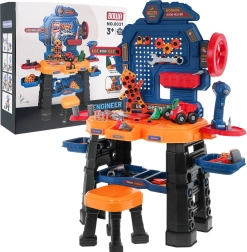 Dziecięcy warsztat 3+ z interaktywną wkrętarką akumulatorową, stołkiem i 181 elementami