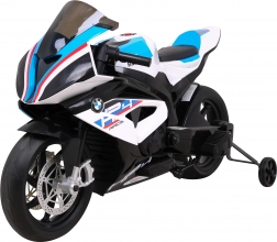 Dziecięcy motocykl elektryczny BMW HP4, biały, kółka pomocnicze, łagodny start, koła EVA, MP3 i LED