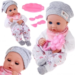 Lalka niemowlę 32 cm z ruchomymi powiekami i zestawem do karmienia