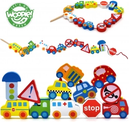 Woopie Green drewniane nawlekane koraliki pojazdy 13 szt.