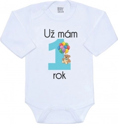 Body niemowlęce z nadrukiem New Baby Mam już 1 rok, niebieskie, rozm. 86