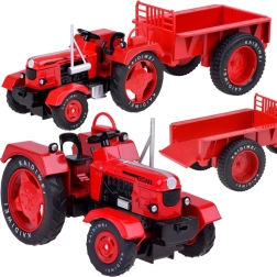 metalowy czerwony traktor z przyczepą 1:18 z gumowymi kołami