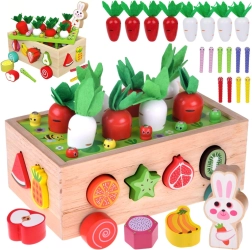 Drewniany montessori ogródkowy wózeczek ze zbiorem marchewek, kształtami i magnetycznymi robaczkami