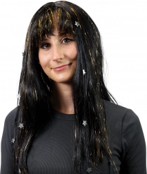 Peruka z czarnymi włosami ozdobiona złotymi pasami i gwiazdami
