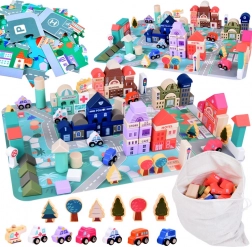 PasteLOWY drewniany zestaw Miasto z puzzlową matą do zabawy