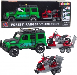 Samochód terenowy z przyczepą i motorem ze światłami i dźwiękami – zielony