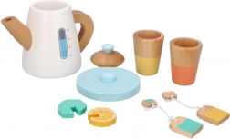 Drewniany zestaw do herbaty z dzbankiem i filiżankami