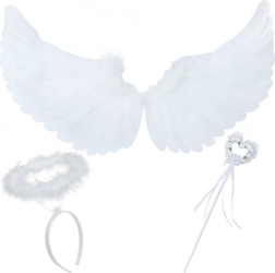 anielskie skrzydła z aureolą i różdżką w kształcie serca RUHHY – biały zestaw 3 szt.