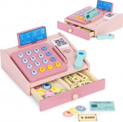 Drewniana kasa dla dzieci ze skanerem, monetami i kartą płatniczą