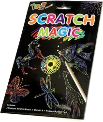 Tęczowe zdrapywane arkusze z szablonami i drewnianym piórkiem