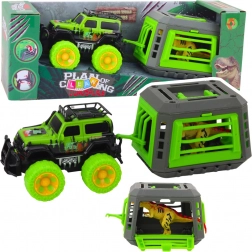 Samochód terenowy z klatką i dinozaurem T‑Rex