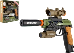 Plastowy pistolet ze światłem i dźwiękiem na baterie z akcesoriami