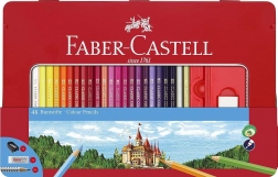 Drewniane sześciokątne kredki FABER-CASTELL 48 szt. w metalowym etui z temperówką, gumką i ołówkami