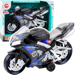 czarno-niebieski wyścigowy motocykl z efektami świetlnymi i dźwiękowymi