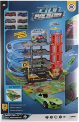 Duży plastikowy garaż z dywanem i autkami