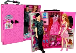 Zestaw lalek chłopiec i dziewczynka z szafą i ubrankami w walizce